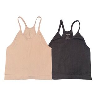 Ododos Ribbed Racerback Tank Top Crop Set Two Tone Beige Charcoal‎ M L